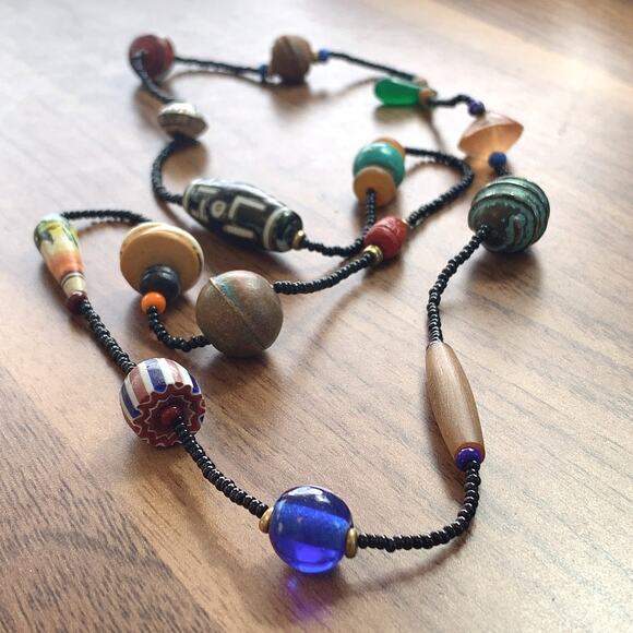 Vintage Artisan Beaded Necklace Mixed Glass Wood Ceramic Boho Trade Bead Jewelry - Picture 8 of 16